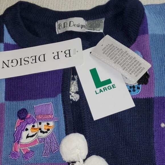 B.P. Design Sz L Blue Embellished & Embroidered Holiday Full Zip Tassel Cardigan - Picture 10 of 12